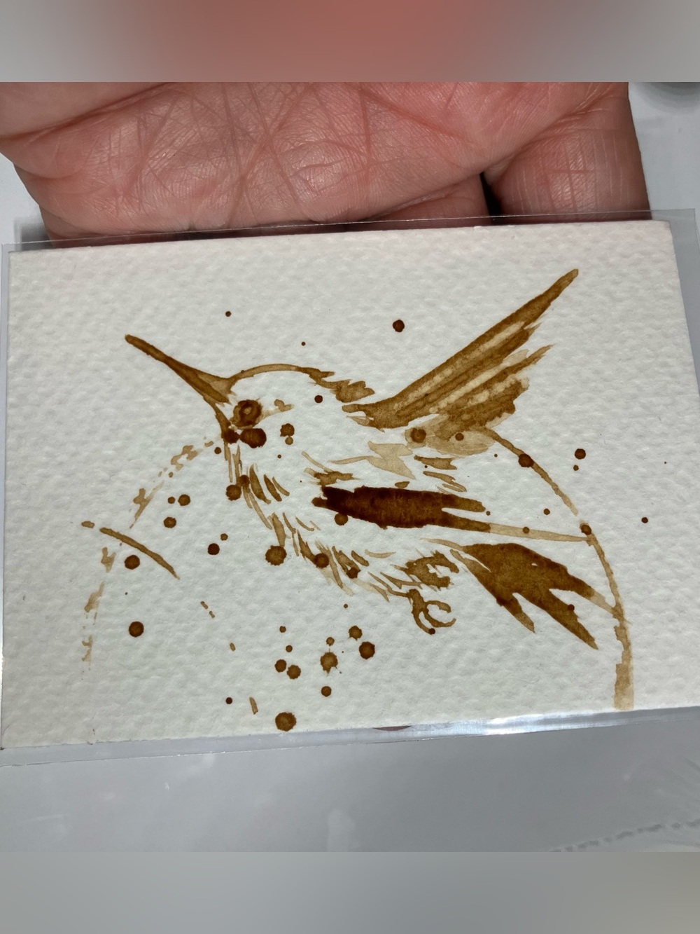 Aceo original hummingbird coffee painting Java gift treat yourself Artettina